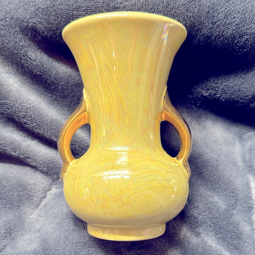 Pioneer Pottery yellow iridescent vase. 22k gold covered handles.  5.5” tall